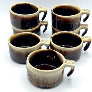 VTG MCM Pfaltzgraff cup mug 6 oz. Brown drip glaze stoneware hook handle set of7